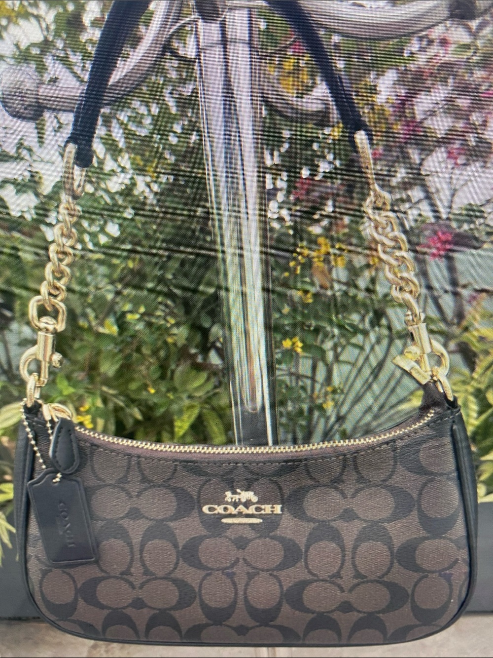 Coach Brown Signature Canvas Shoulder Bag with Gold Hardware